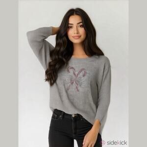 One World Womens‎ Top XL Gray Beaded Bling Candy Canes Bow Holiday Blouse